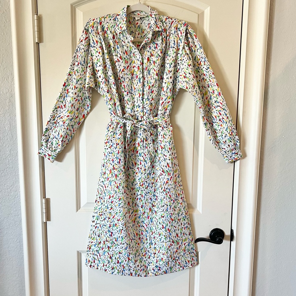 Vintage 80s Schrader Sport Confetti Shirt Dress | Colorful Abstract Midi | Sz 8P